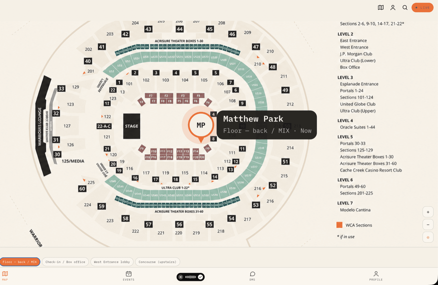UNCSUS map of Chase Center with a live attendee pin and name tag